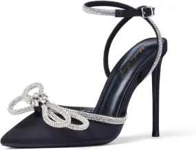 Elisabet Tang Women's High Heel Pumps,Satin Rhinestone Bowknot Lace Up Sandals Pointed Toe Ankle Buckle Straps Pump Stiletto Sandals