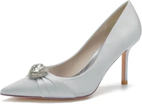 FufoneUS Bridal Shoes Women's Closed Toe Stiletto Bridal Evening Party Wedding Dress Shoes with Crystal,Silver,9