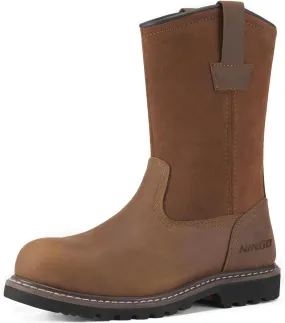 HISEA NINGO Mens Steel/Soft Toe Work Boots, 100% Waterproof Wellington Boots Shoes with Full-grain Leather, Oil Slip Resistant, Hazard Protection, Pull on Work Boots for Men, for Construction, Farming