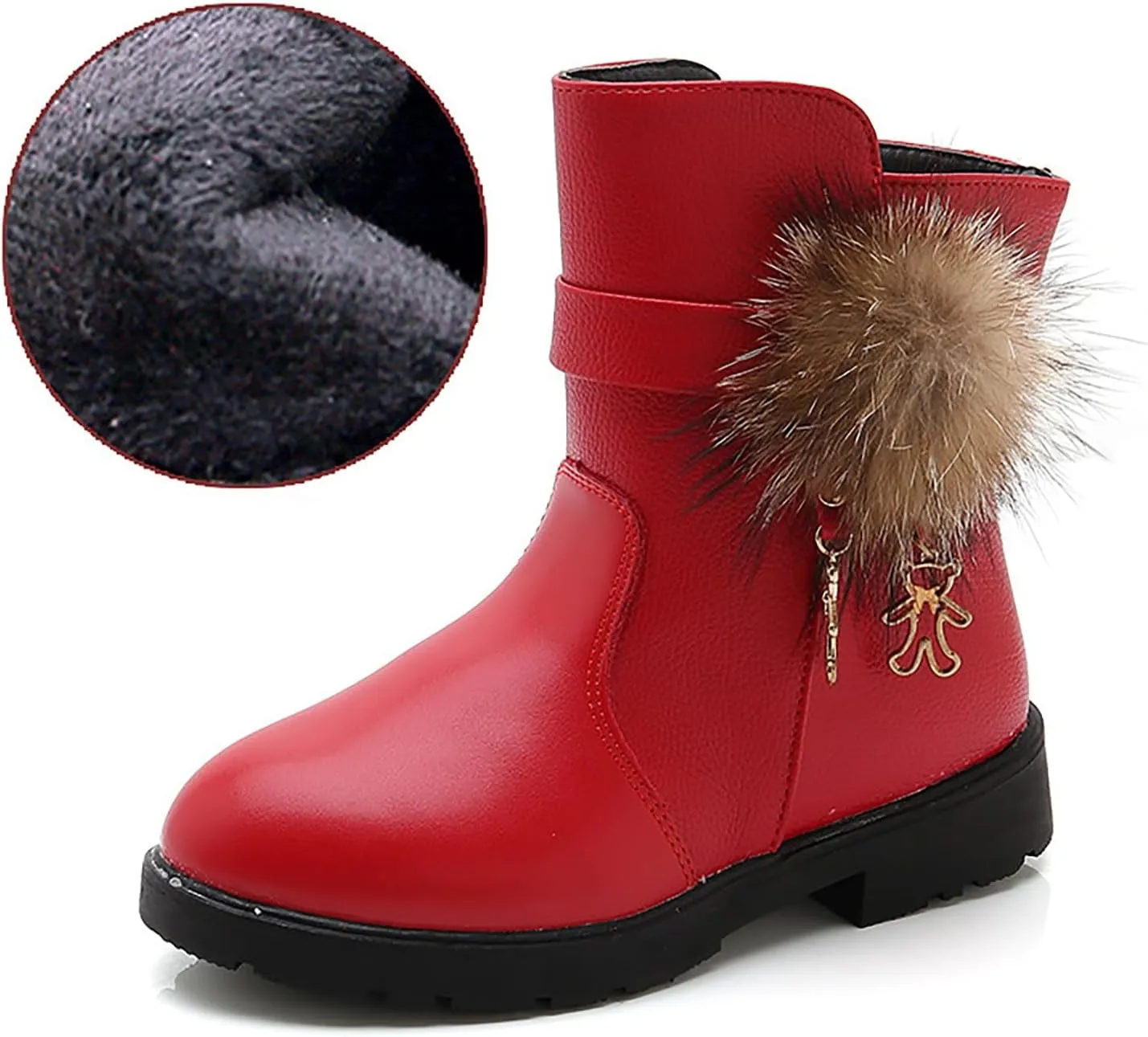 Kids Girls PU Leather Short Boots Lightweight Comfortable Side Zipper Puffy Ankle Booties Leather Boots