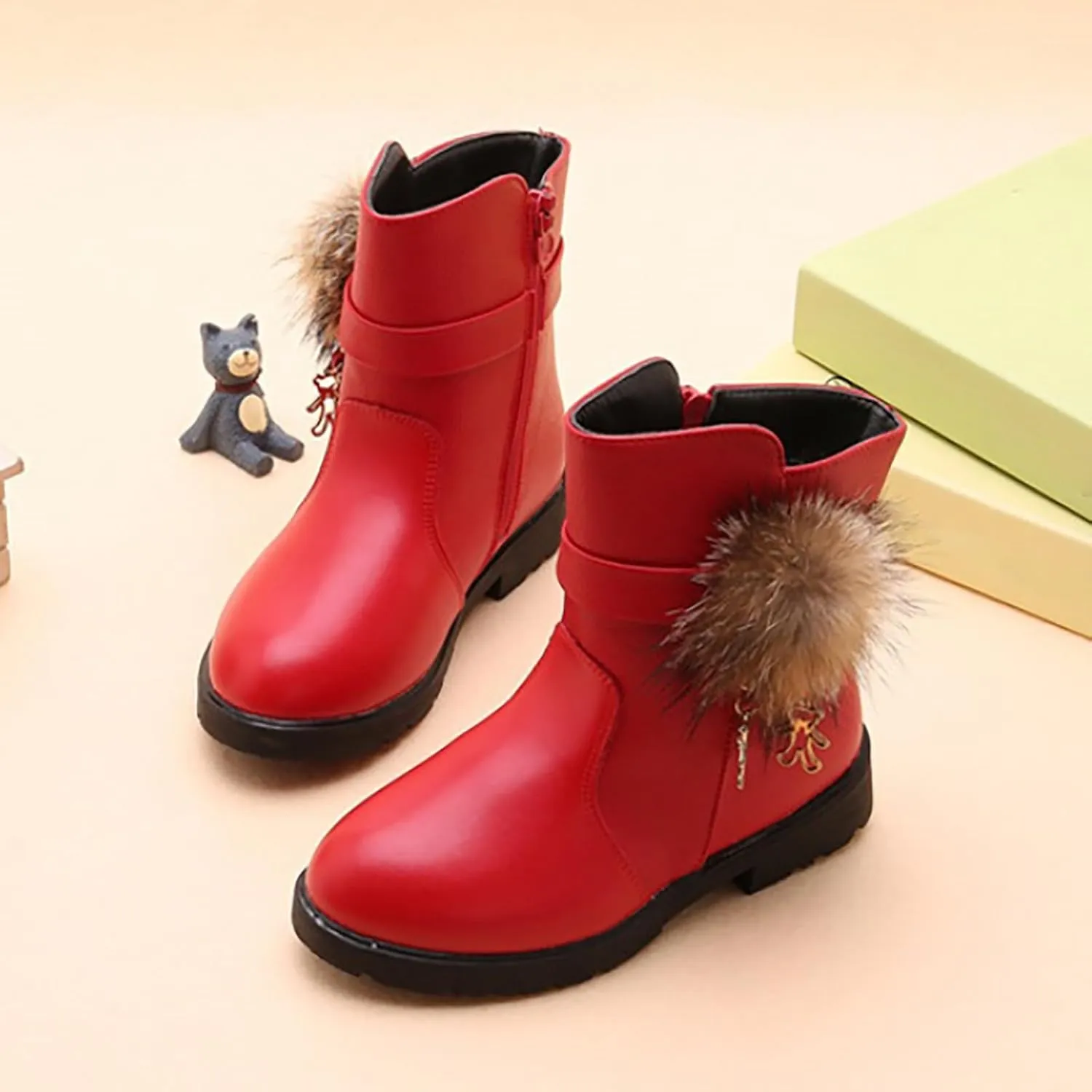 Kids Girls PU Leather Short Boots Lightweight Comfortable Side Zipper Puffy Ankle Booties Leather Boots