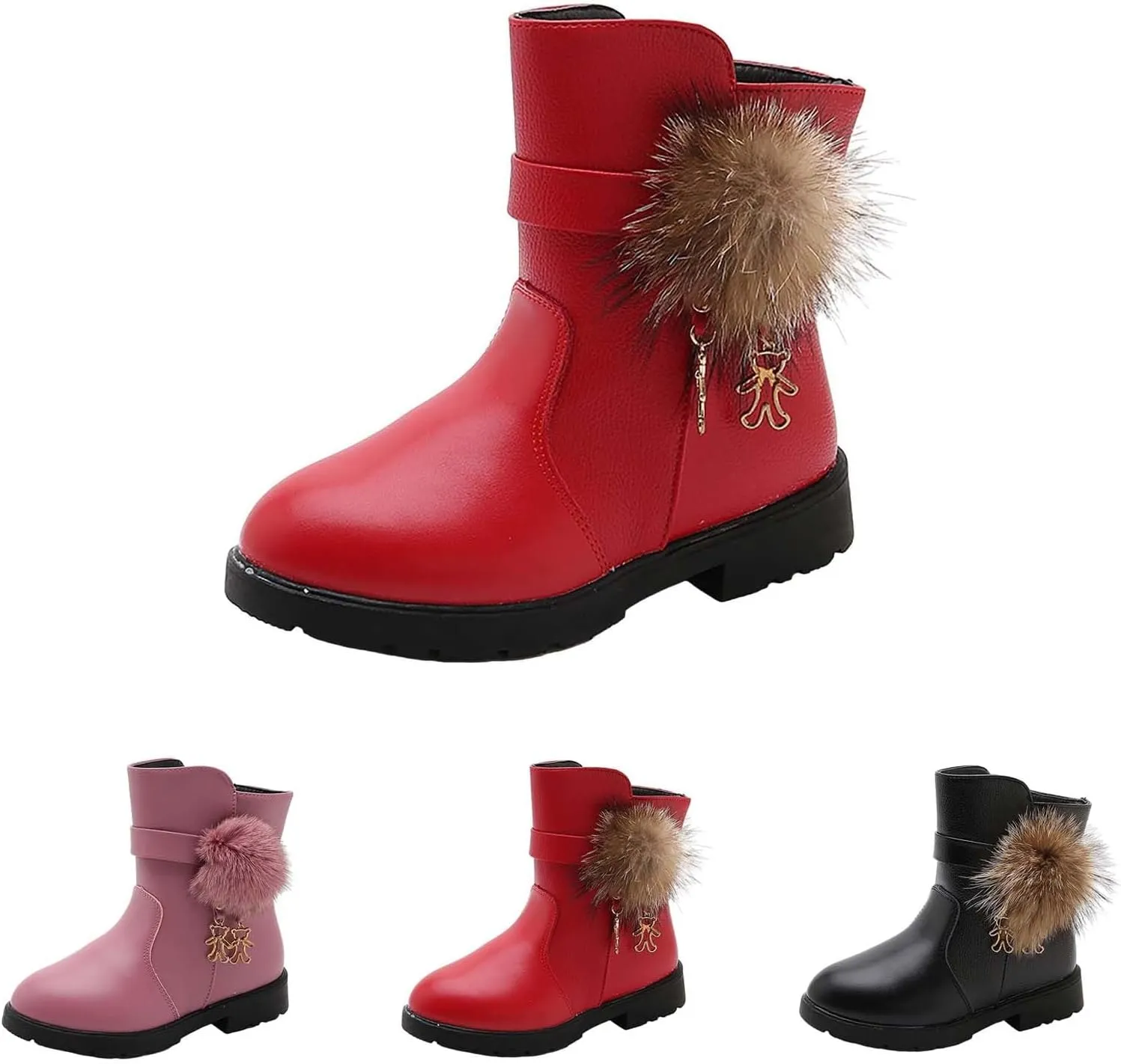 Kids Girls PU Leather Short Boots Lightweight Comfortable Side Zipper Puffy Ankle Booties Leather Boots