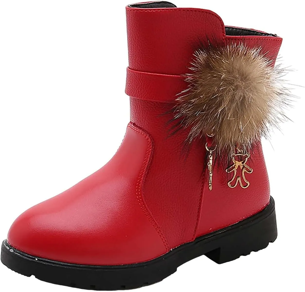 Kids Girls PU Leather Short Boots Lightweight Comfortable Side Zipper Puffy Ankle Booties Leather Boots