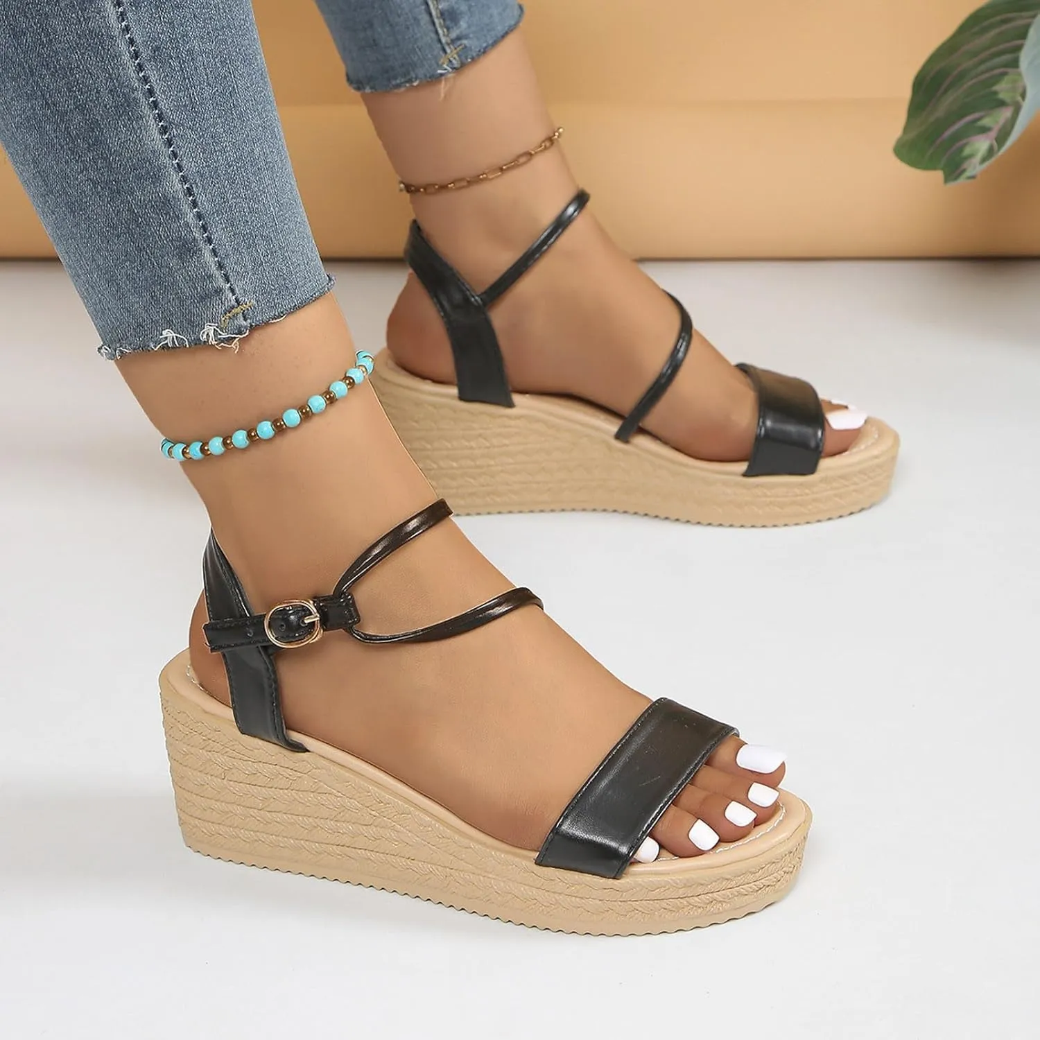 Ladies Summer Casual Shiny Leather Solid Colour Slope Heel Beach Large Size Sandals Arch Supports for Women