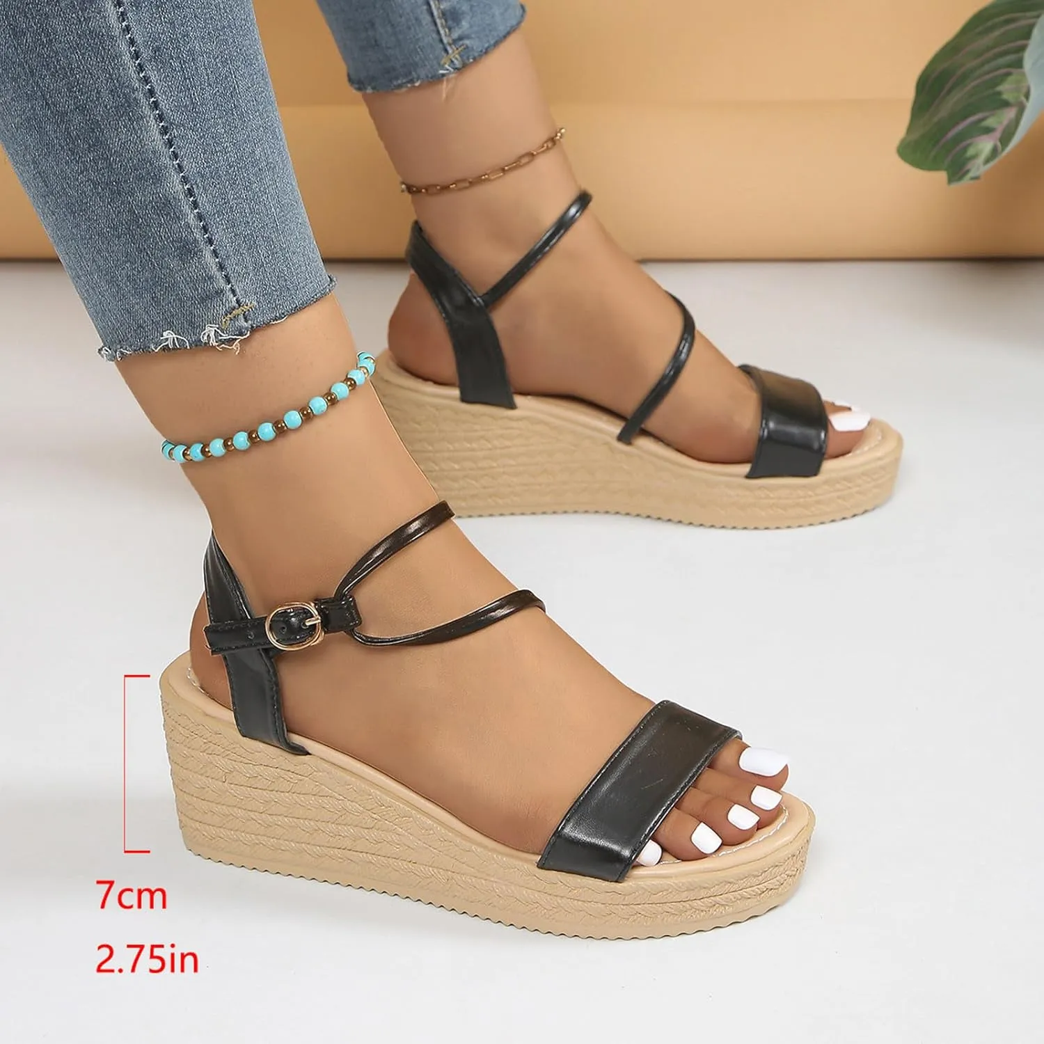 Ladies Summer Casual Shiny Leather Solid Colour Slope Heel Beach Large Size Sandals Arch Supports for Women