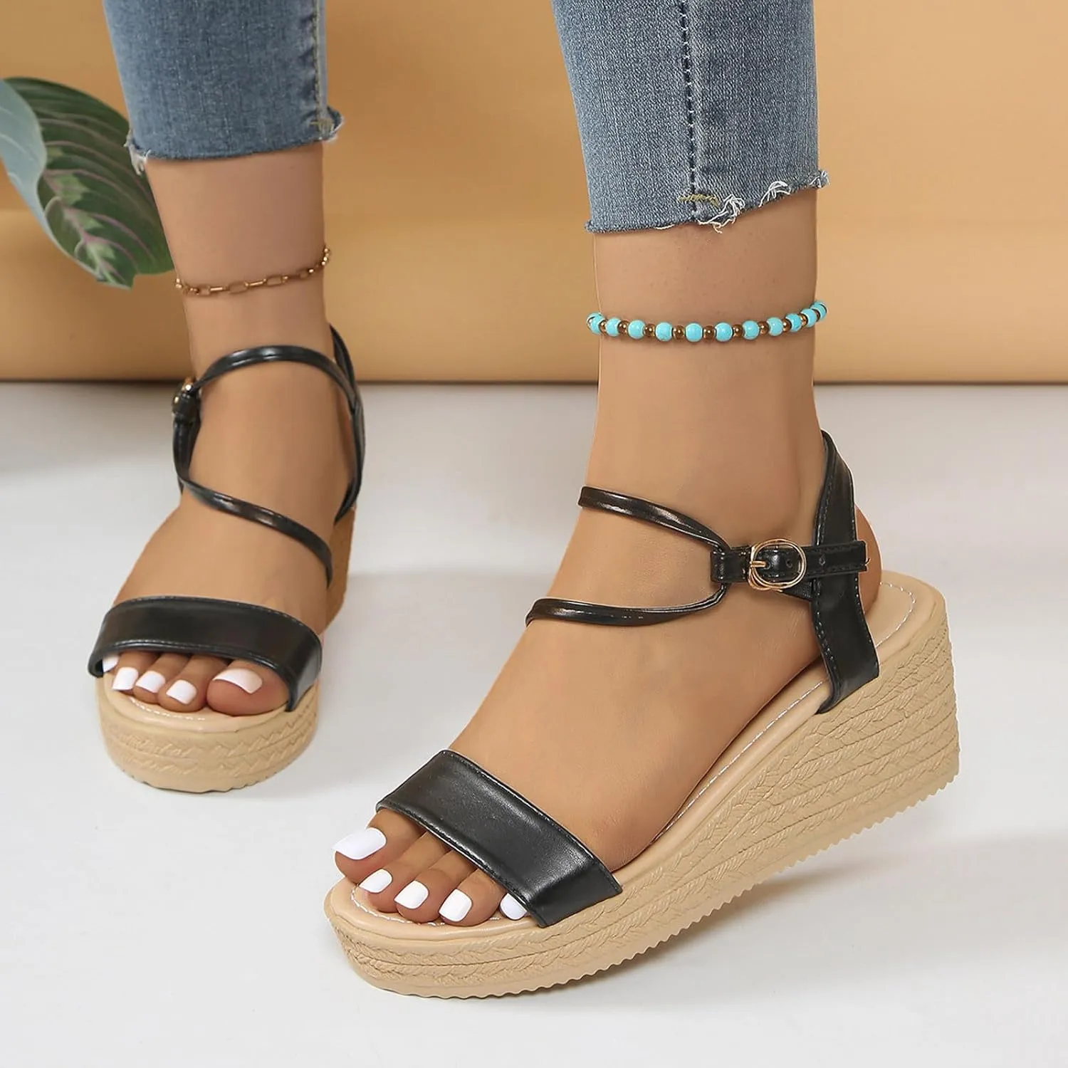 Ladies Summer Casual Shiny Leather Solid Colour Slope Heel Beach Large Size Sandals Arch Supports for Women