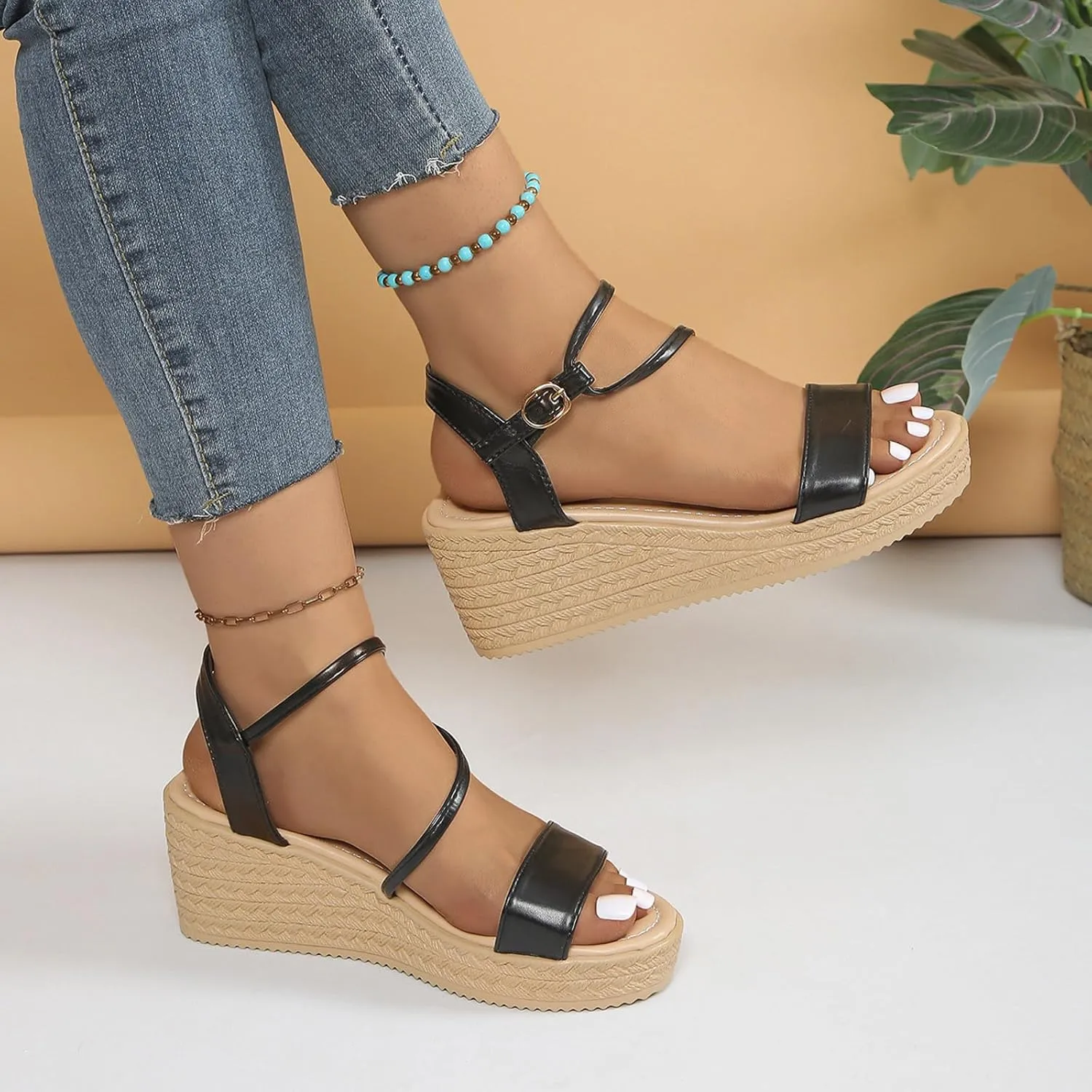 Ladies Summer Casual Shiny Leather Solid Colour Slope Heel Beach Large Size Sandals Arch Supports for Women