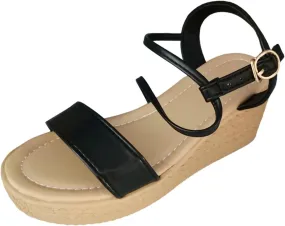 Ladies Summer Casual Shiny Leather Solid Colour Slope Heel Beach Large Size Sandals Arch Supports for Women