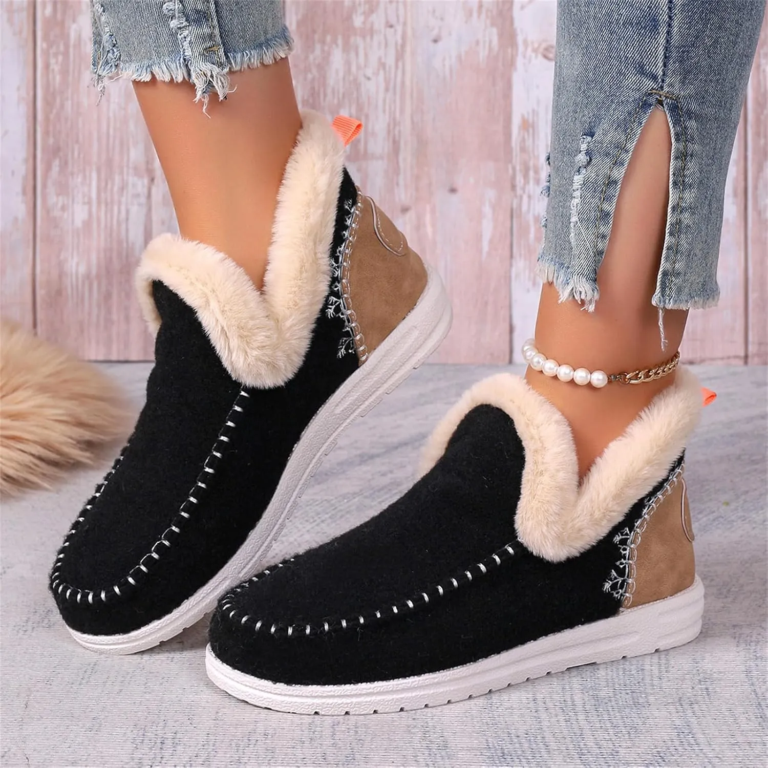 Ladmiple Booties For Women 2024 Snow Warm Ankle Boots Comfortable Slip On Outdoor Fur Lined Thickening Walking Winter Shoes