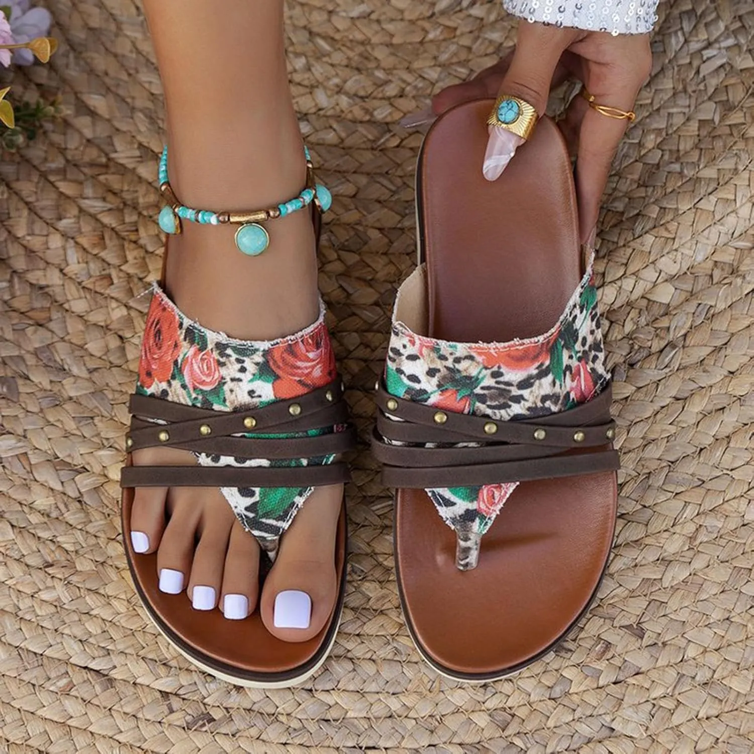 Large Size Flat Flower Flip Flops Women's Outer Wear Printed Beach Sandals Lady Sandals with High Arch Support