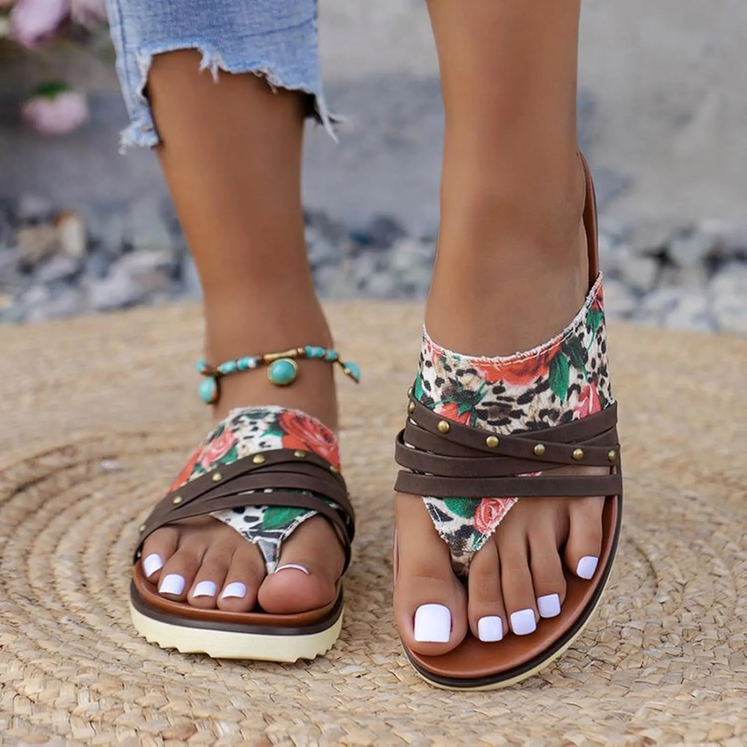 Large Size Flat Flower Flip Flops Women's Outer Wear Printed Beach Sandals Lady Sandals with High Arch Support