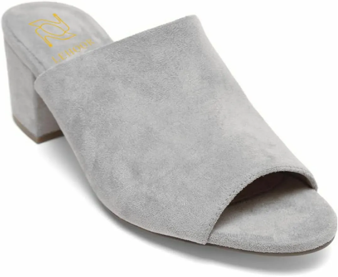 LEHOOR Women Chunky Block Heel Mules Open Peep Toe Slip On Suede Sandals 2” Mid Heels Round Toe Slides Shoes Comfortable Backless Loafers Office Work Summer Beach Slide Slippers Elegant 4-11 M US