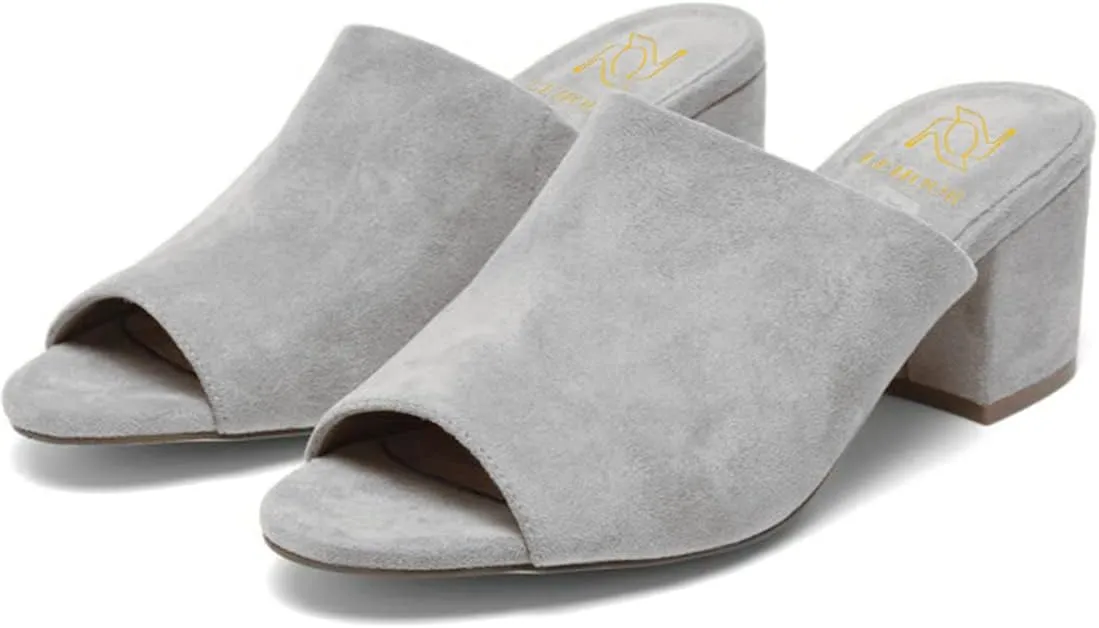 LEHOOR Women Chunky Block Heel Mules Open Peep Toe Slip On Suede Sandals 2” Mid Heels Round Toe Slides Shoes Comfortable Backless Loafers Office Work Summer Beach Slide Slippers Elegant 4-11 M US