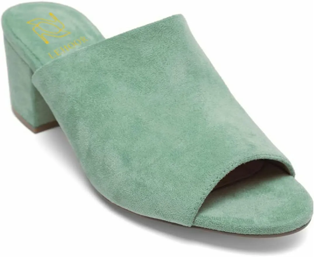 LEHOOR Women Chunky Block Heel Mules Open Peep Toe Slip On Suede Sandals 2” Mid Heels Round Toe Slides Shoes Comfortable Backless Loafers Office Work Summer Beach Slide Slippers Elegant 4-11 M US