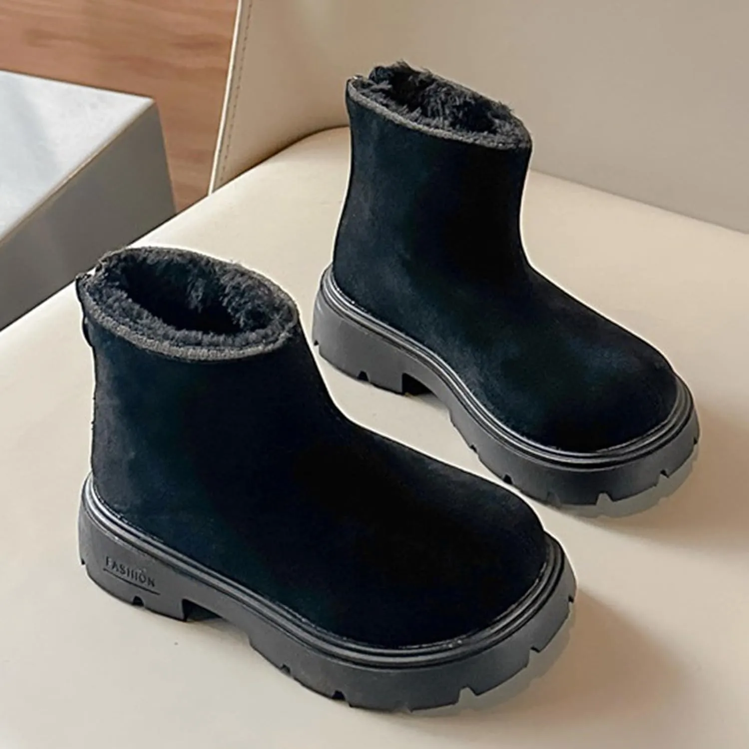 Low Heel Plush Mini Snow Boots for Toddler Kids, Girls Cozy Fleece Fr Lined Zip Up Classic Ankle Short Booties