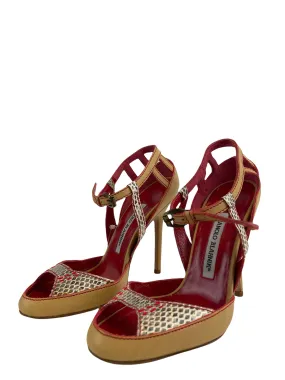 Manolo Blahnik Red Snakeskin Strap Heels - UK 2 / EU 35
