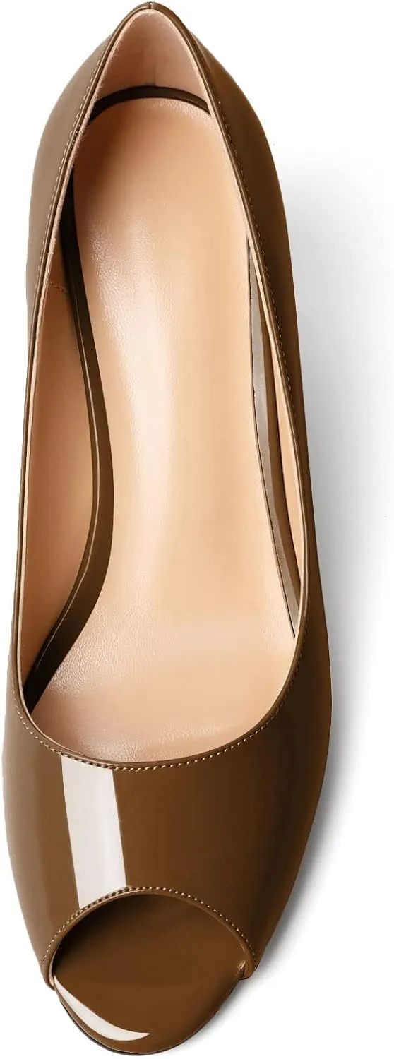 Mettesally Womens Peep Toe Pumps Low Chunky Heels Slip On Comfortable Open Toe Wedding Prom Dressy Shoes
