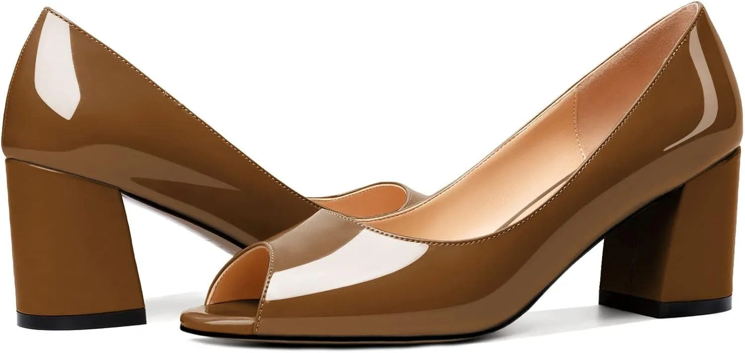 Mettesally Womens Peep Toe Pumps Low Chunky Heels Slip On Comfortable Open Toe Wedding Prom Dressy Shoes