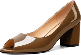 Mettesally Womens Peep Toe Pumps Low Chunky Heels Slip On Comfortable Open Toe Wedding Prom Dressy Shoes