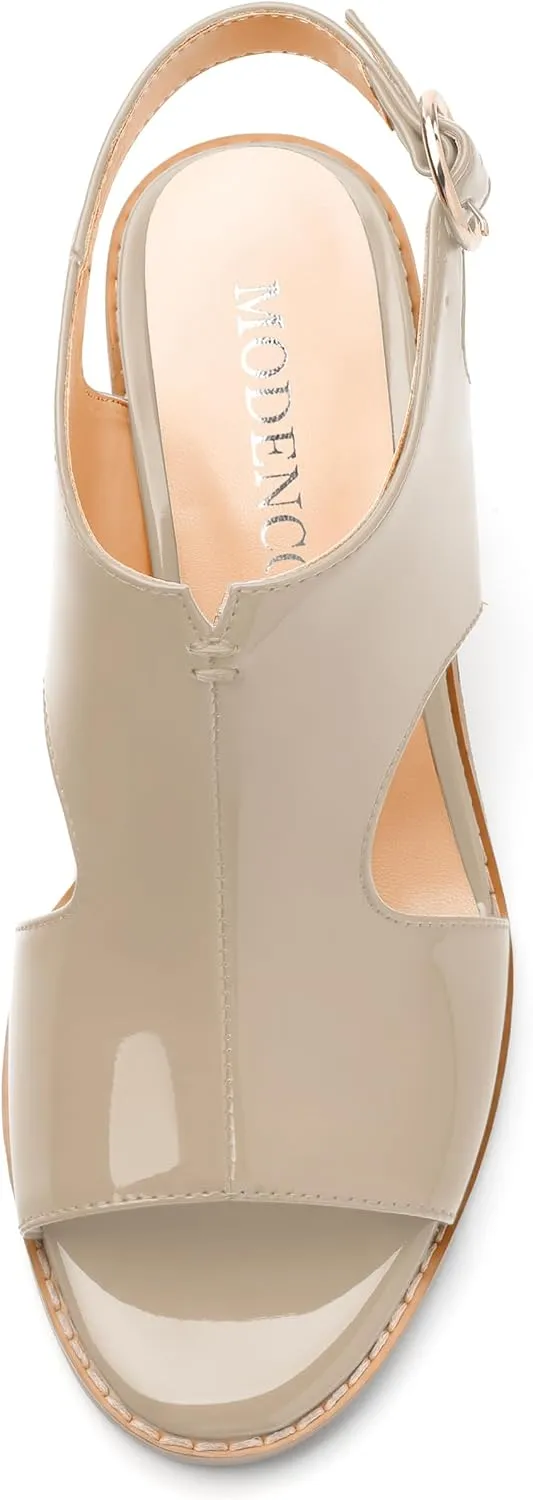 MODENCOCO Women's Heeled Sandals Peep Open Toe Chunky Ankle Booties Low Heel Cutout Bootie Heels Patent Comfy Party Dress Shoes