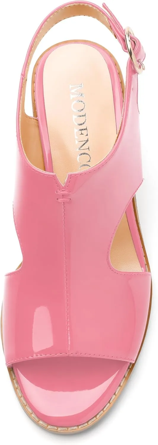 MODENCOCO Women's Heeled Sandals Peep Open Toe Chunky Ankle Booties Low Heel Cutout Bootie Heels Patent Comfy Party Dress Shoes