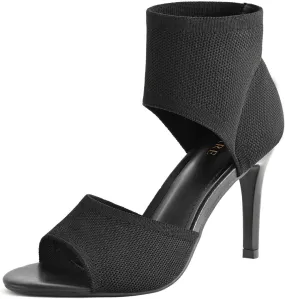 Peep Toe Heels for Women Sexy 3 Inches Stiletto High Heels for Women Dressy Slip On Comfortable Wide Stretchy Heels Knit Open Toe Booties Sandals Black Heels Sandals for Prom, Party and Work