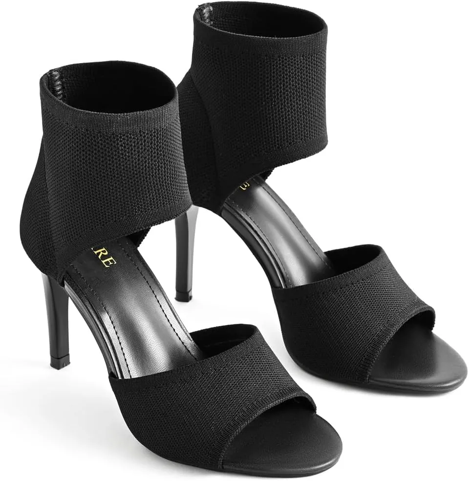 Peep Toe Heels for Women Sexy 3 Inches Stiletto High Heels for Women Dressy Slip On Comfortable Wide Stretchy Heels Knit Open Toe Booties Sandals Black Heels Sandals for Prom, Party and Work