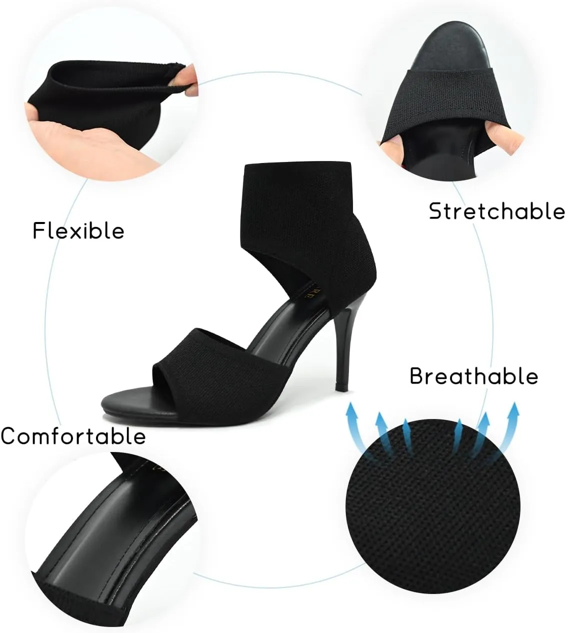 Peep Toe Heels for Women Sexy 3 Inches Stiletto High Heels for Women Dressy Slip On Comfortable Wide Stretchy Heels Knit Open Toe Booties Sandals Black Heels Sandals for Prom, Party and Work