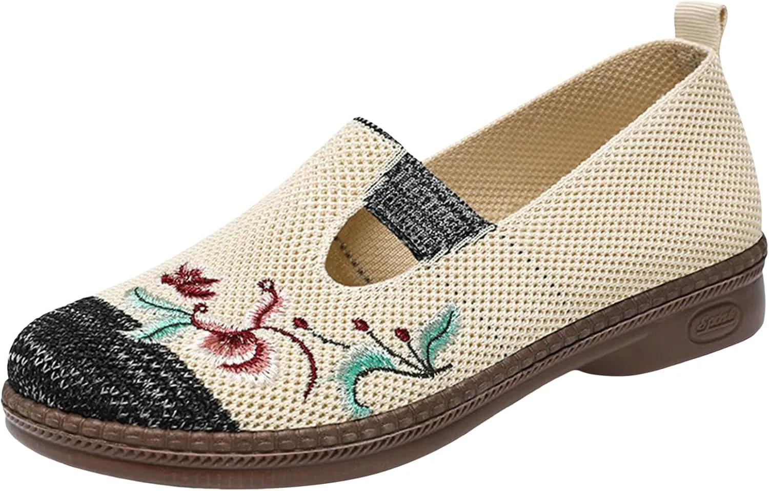 Women Cloth Loafer Shoes Mesh Flower Embroidery Slip on Casual Shoes Chunky Low Heels Breathable Lightweight Flat Shoes