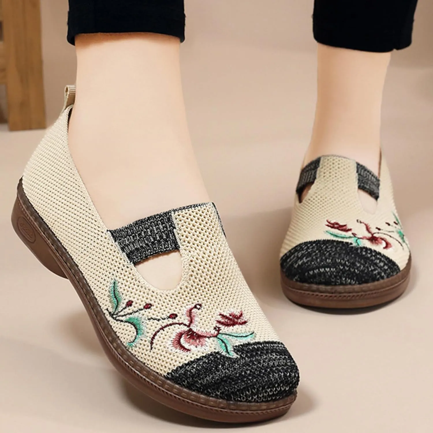 Women Cloth Loafer Shoes Mesh Flower Embroidery Slip on Casual Shoes Chunky Low Heels Breathable Lightweight Flat Shoes