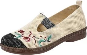 Women Cloth Loafer Shoes Mesh Flower Embroidery Slip on Casual Shoes Chunky Low Heels Breathable Lightweight Flat Shoes