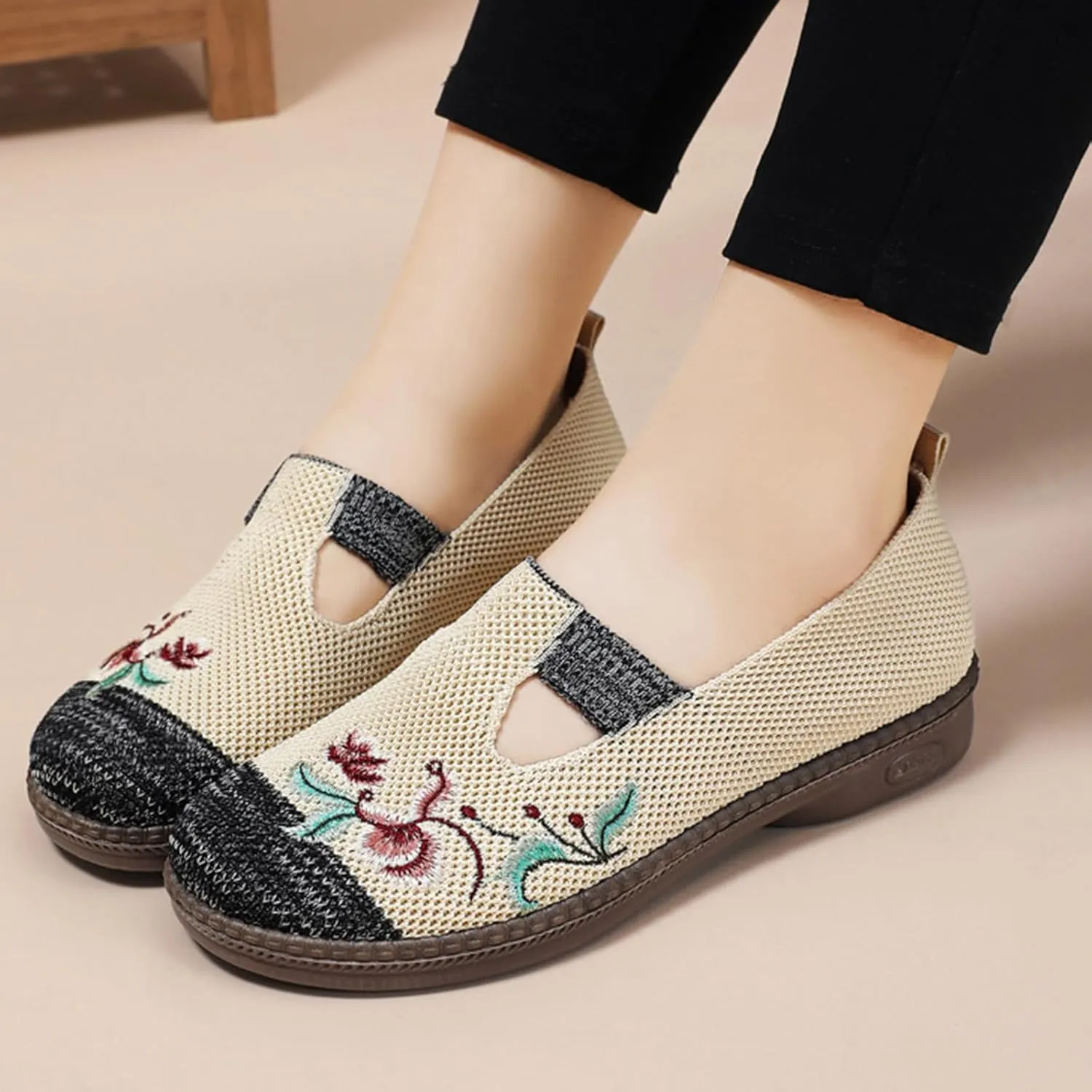 Women Cloth Loafer Shoes Mesh Flower Embroidery Slip on Casual Shoes Chunky Low Heels Breathable Lightweight Flat Shoes