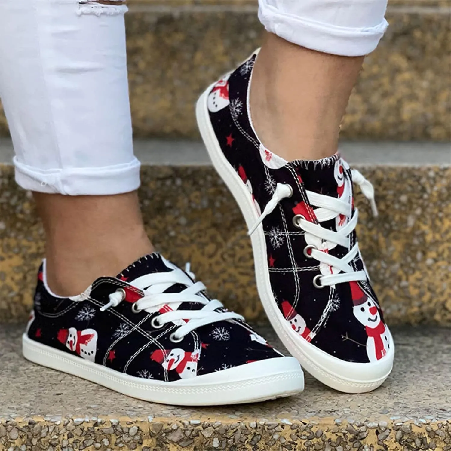 Women Sneakers Canvas Slip-On Christmas Print Comfort Classic Lace Up Low-Top Walking Shoes for Women