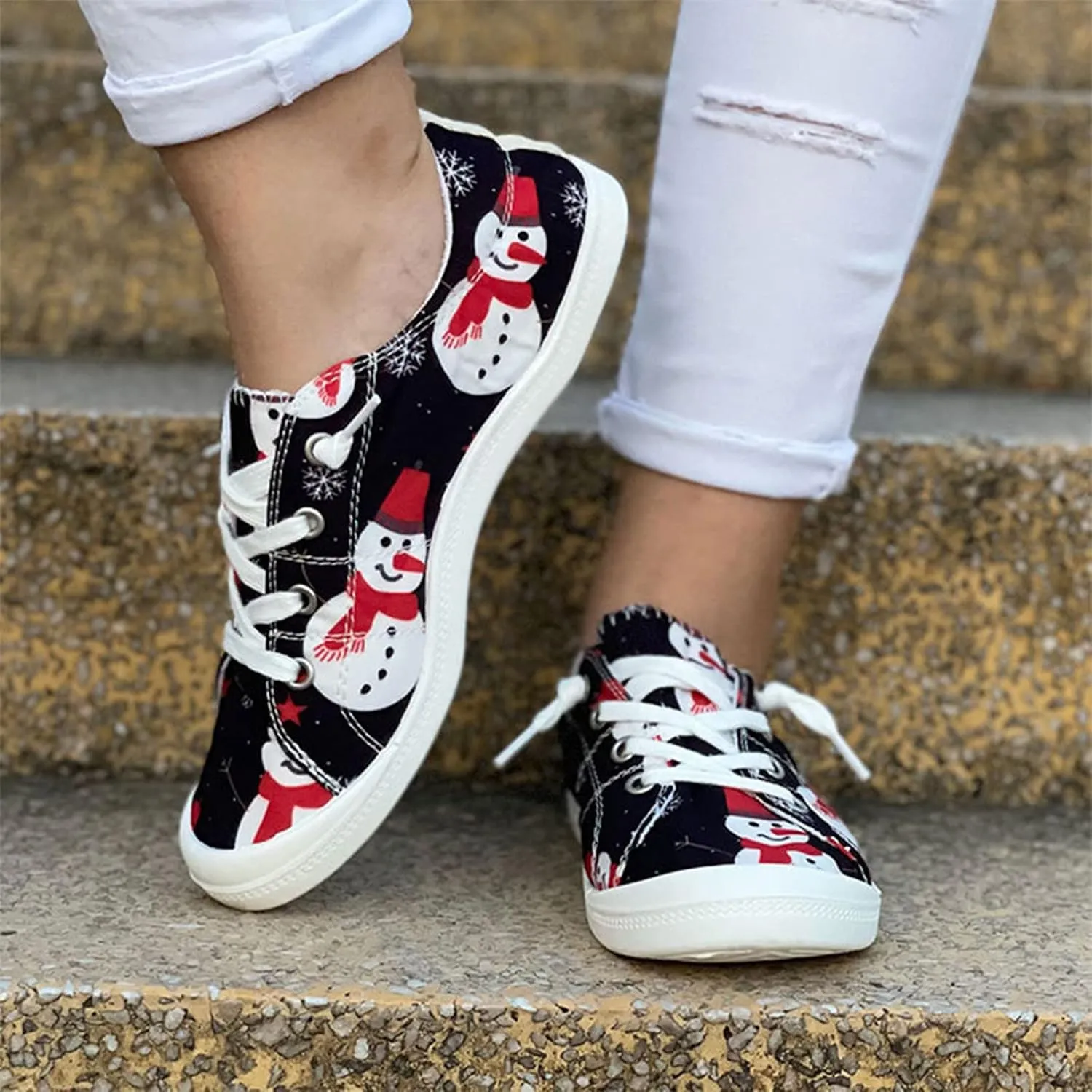 Women Sneakers Canvas Slip-On Christmas Print Comfort Classic Lace Up Low-Top Walking Shoes for Women