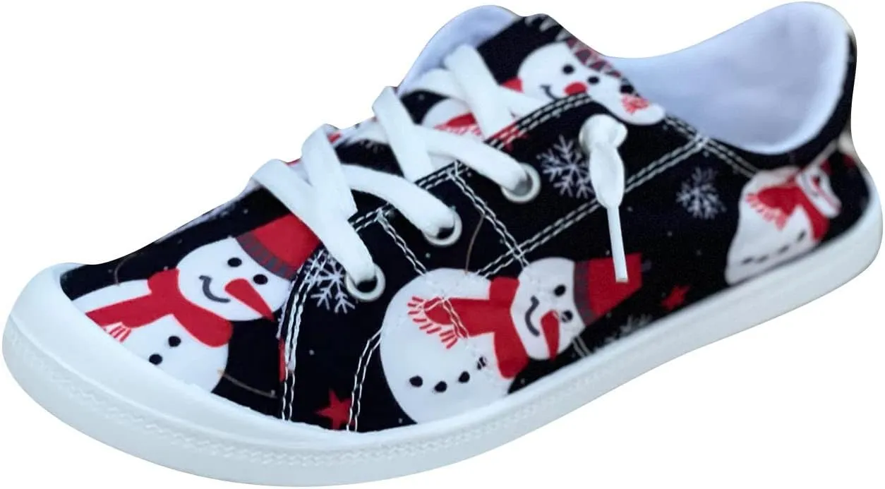 Women Sneakers Canvas Slip-On Christmas Print Comfort Classic Lace Up Low-Top Walking Shoes for Women