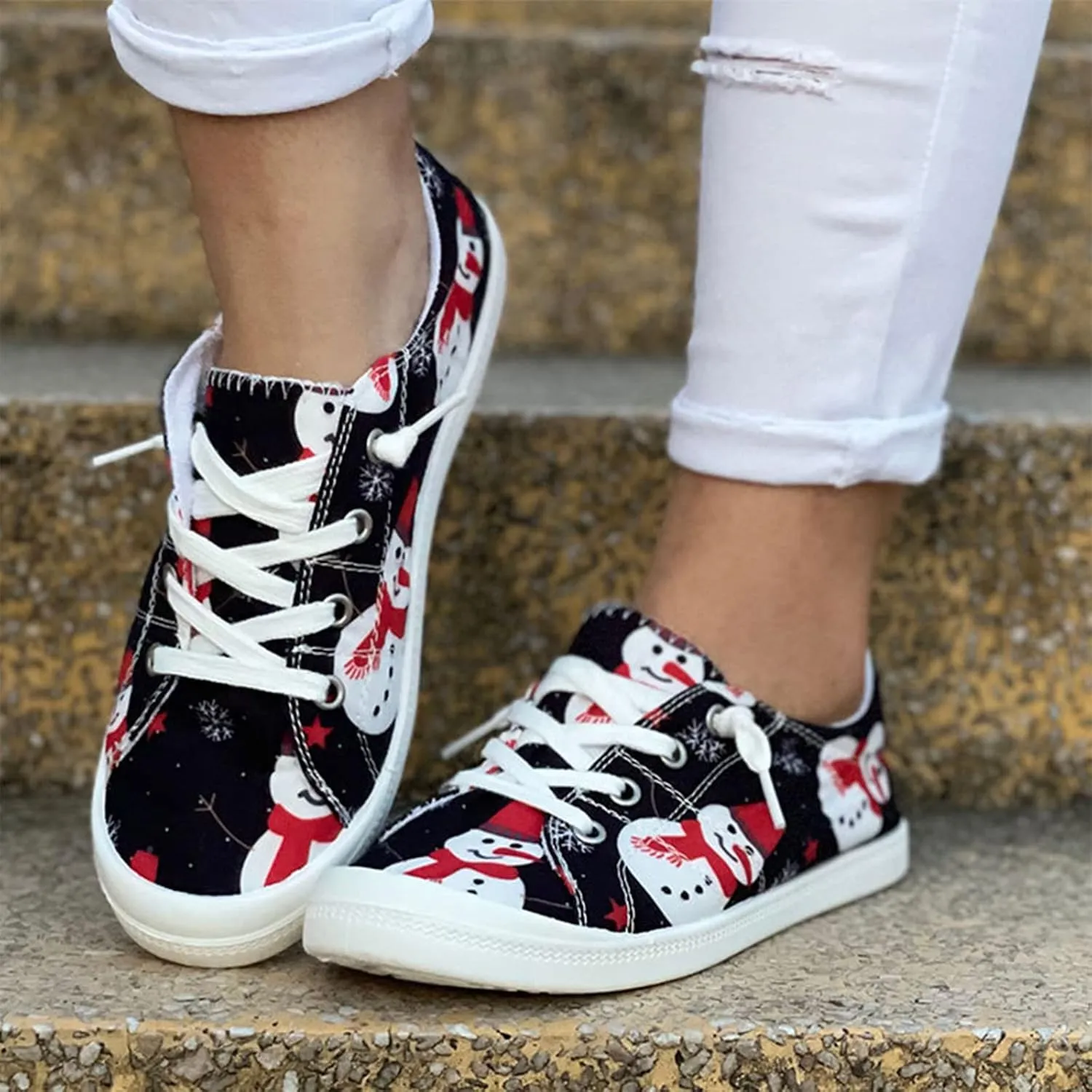 Women Sneakers Canvas Slip-On Christmas Print Comfort Classic Lace Up Low-Top Walking Shoes for Women